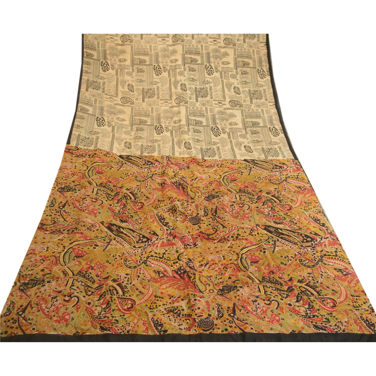 Sanskriti Vintage Ivory Sarees 100% Pure Silk Printed Sari Soft 5yd Craft Sustainable Fabric