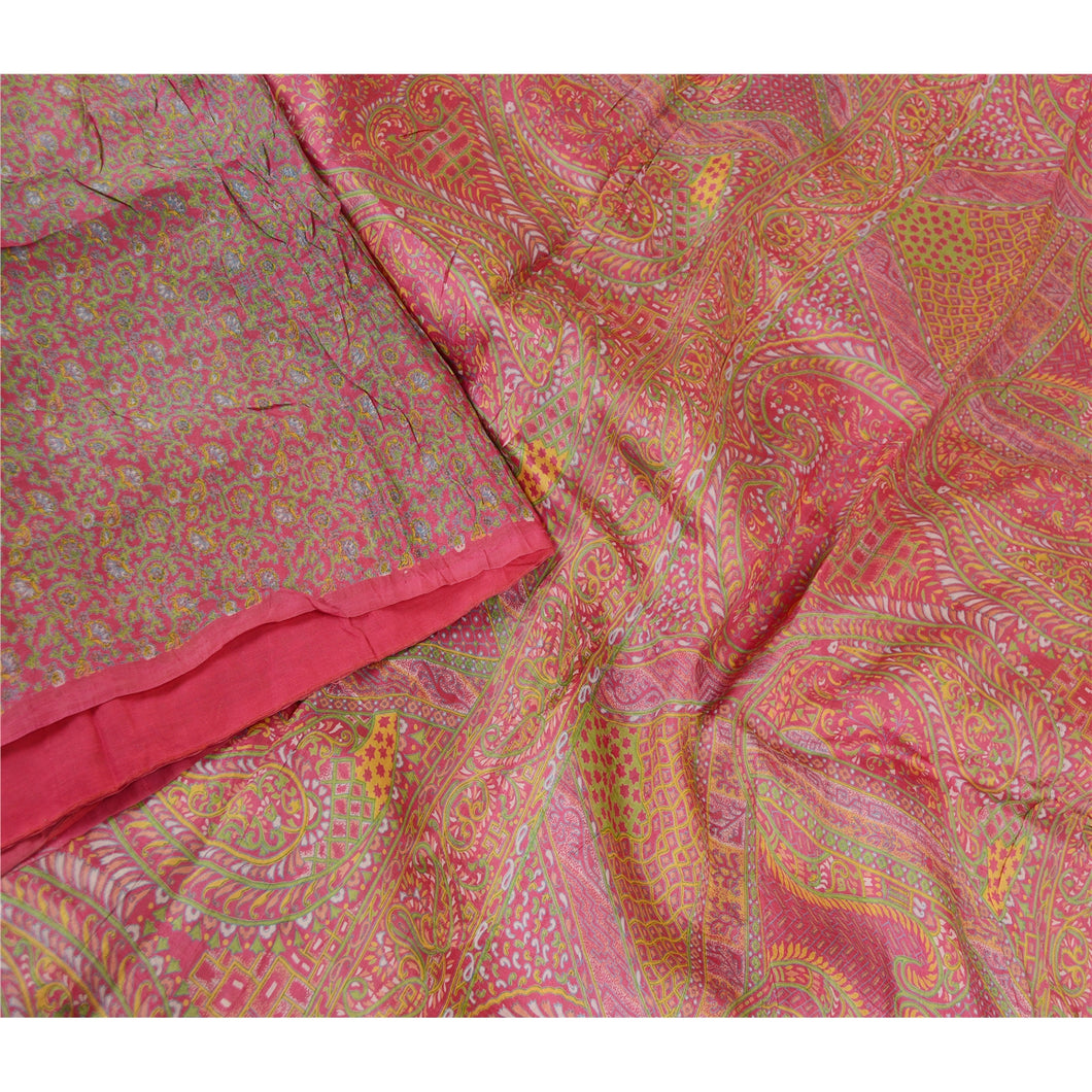 Sanskriti Vintage Indian Sarees Pink Printed Pure Silk Sari Soft Craft Fabric