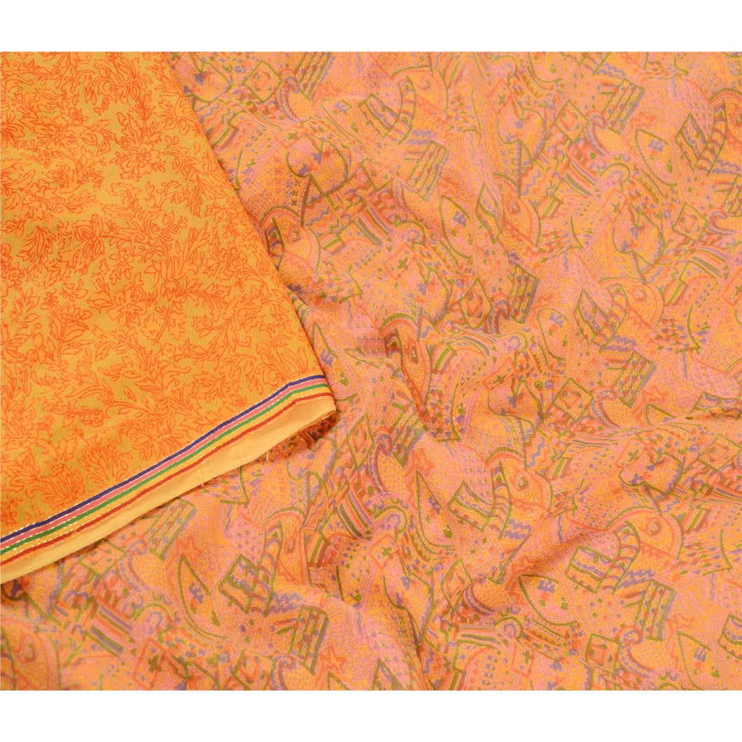 Sanskriti Vintage Yellow Indian Sarees Pure Silk Printed Sari Soft Craft Fabric