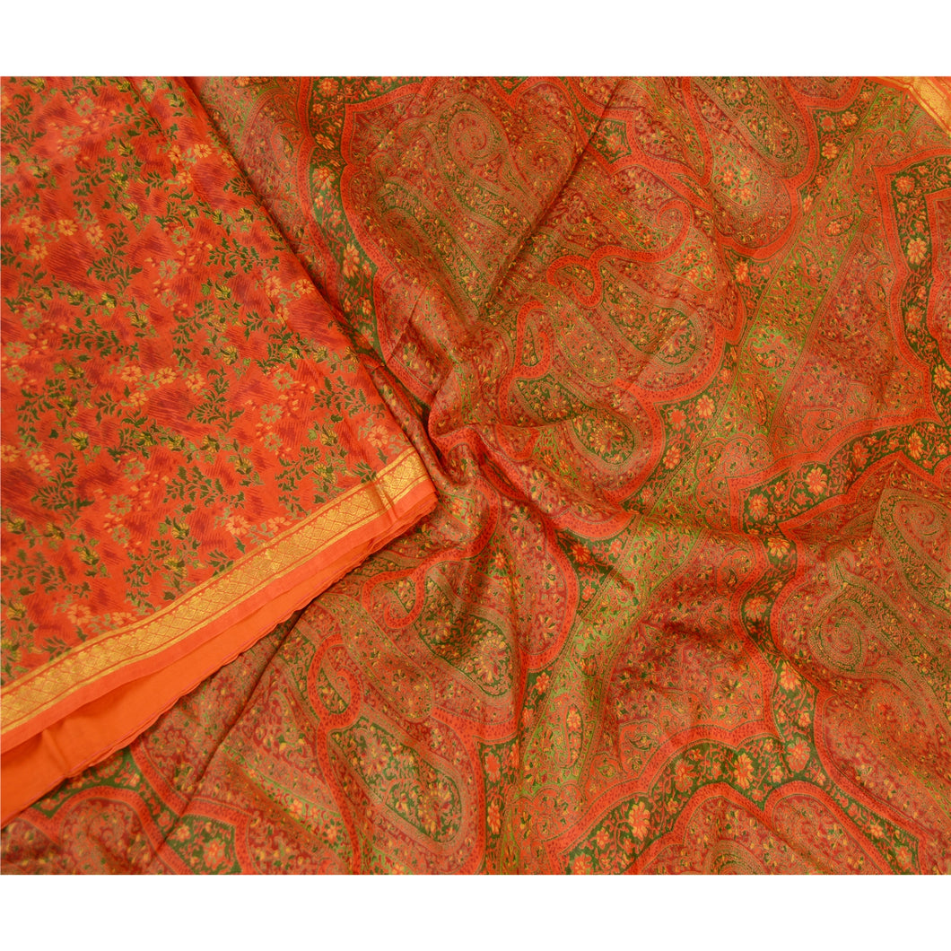 Sanskriti Vintage Red Sarees Pure Silk Printed Zari Border Sari 5yd Craft Fabric