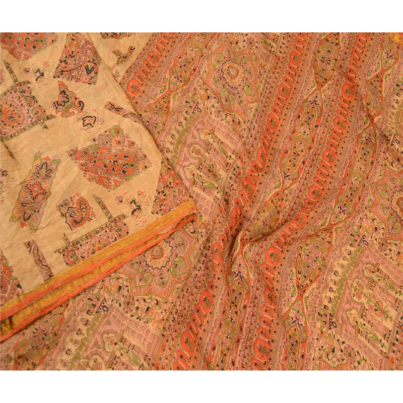 Sanskriti Vintage Beige Sarees Indisk Ren Silke Trykt Sari Blødt Håndværk Bæredygtigt Stoff