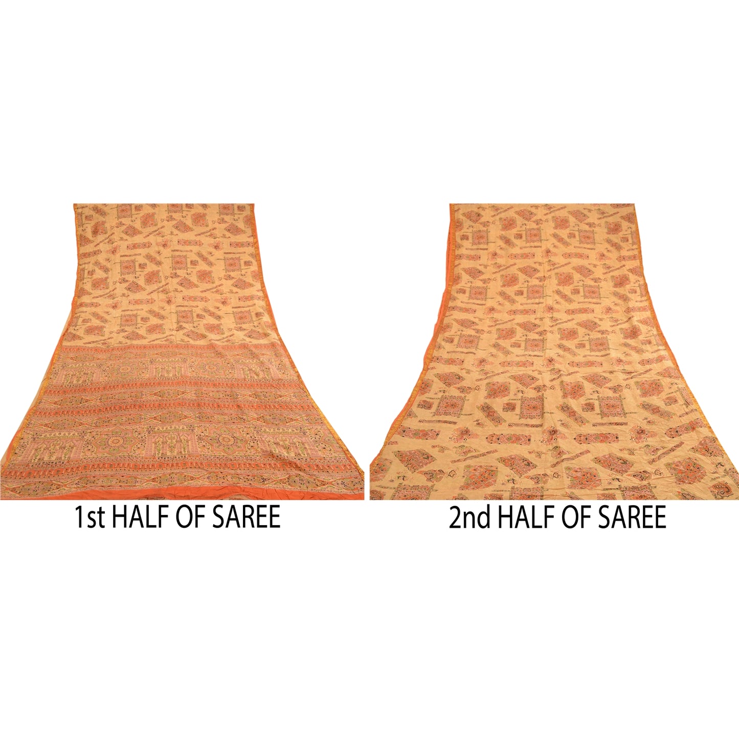 Sanskriti Vintage Beige Sarees Indian Pure Silk Printed Sari Soft Craft Sustainable Fabric