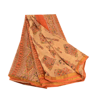 Sanskriti Vintage Beige Sarees Indian Pure Silk Printed Sari Soft Craft Sustainable Fabric