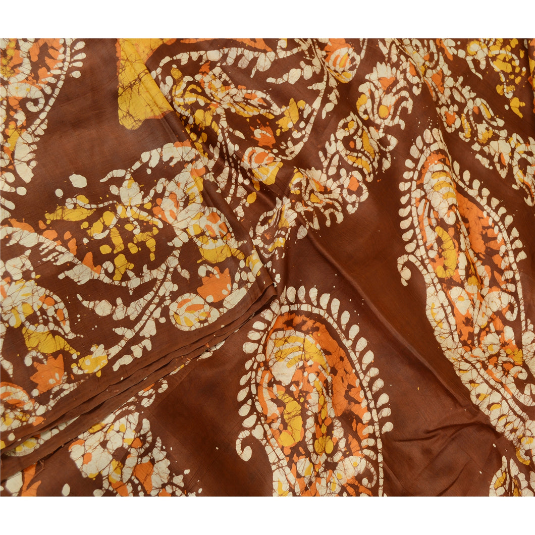 Sanskriti Vintage Yellow Batik Sarees Indian Pure Silk Printed Sari Craft Fabric