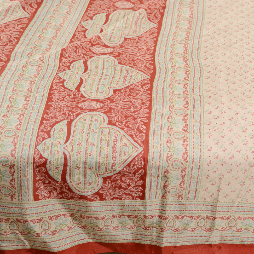 Sanskriti Vintage Ivory Sarees Art Silk Printed Sari Floral Decor Craft Fabric