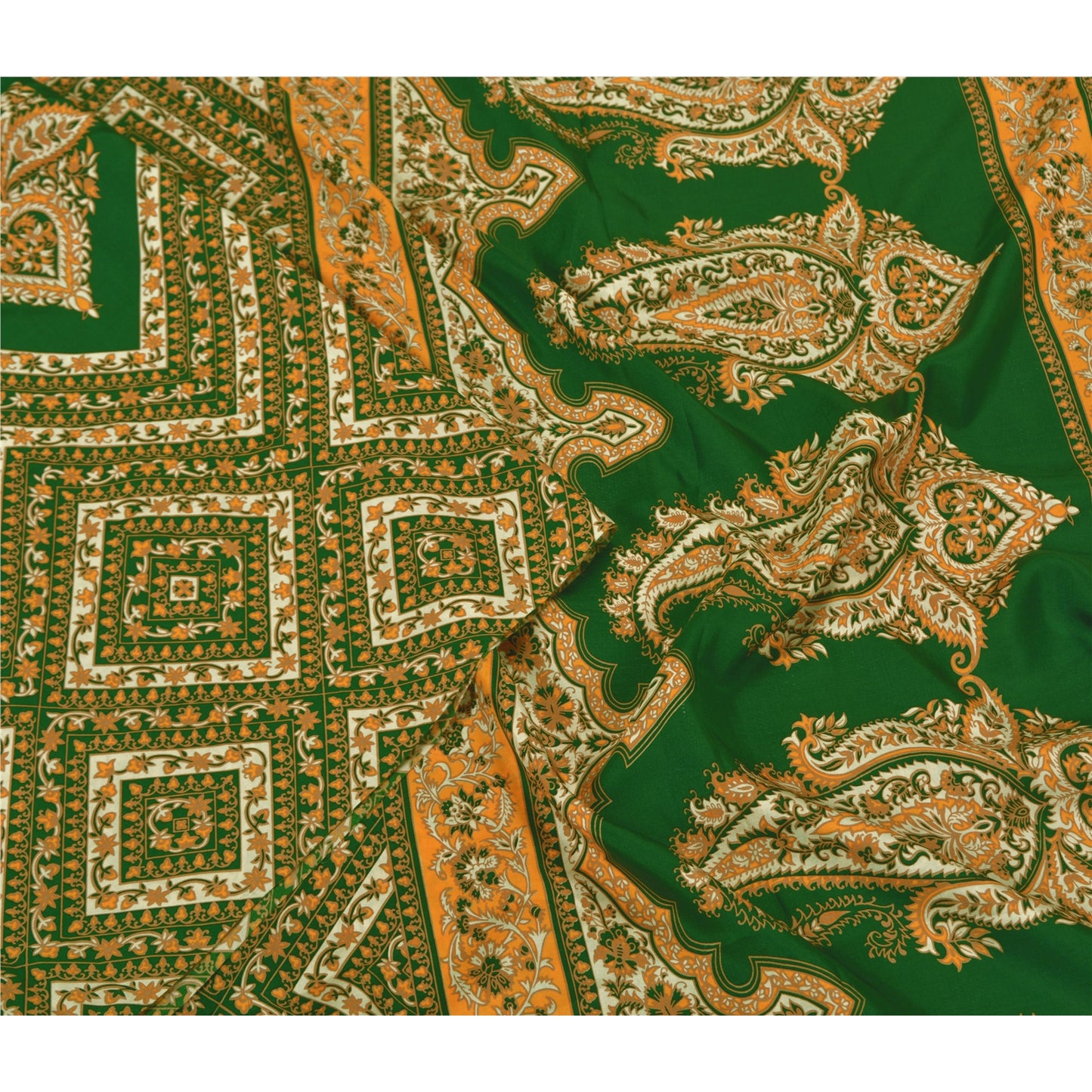 Sanskriti Vintage Sarees Green Pure Silk Indian Printed Sari Floral Craft Sustainable Fabric