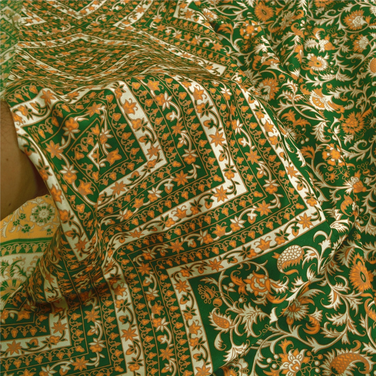 Sanskriti Vintage Sarees Green Pure Silk Indian Printed Sari Floral Craft Sustainable Fabric