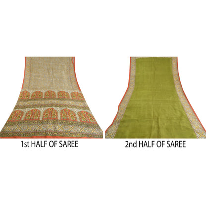Sanskriti Vintage Sarees Women Printed Indian Green Pure Silk Sari Craft Sustainable Fabric