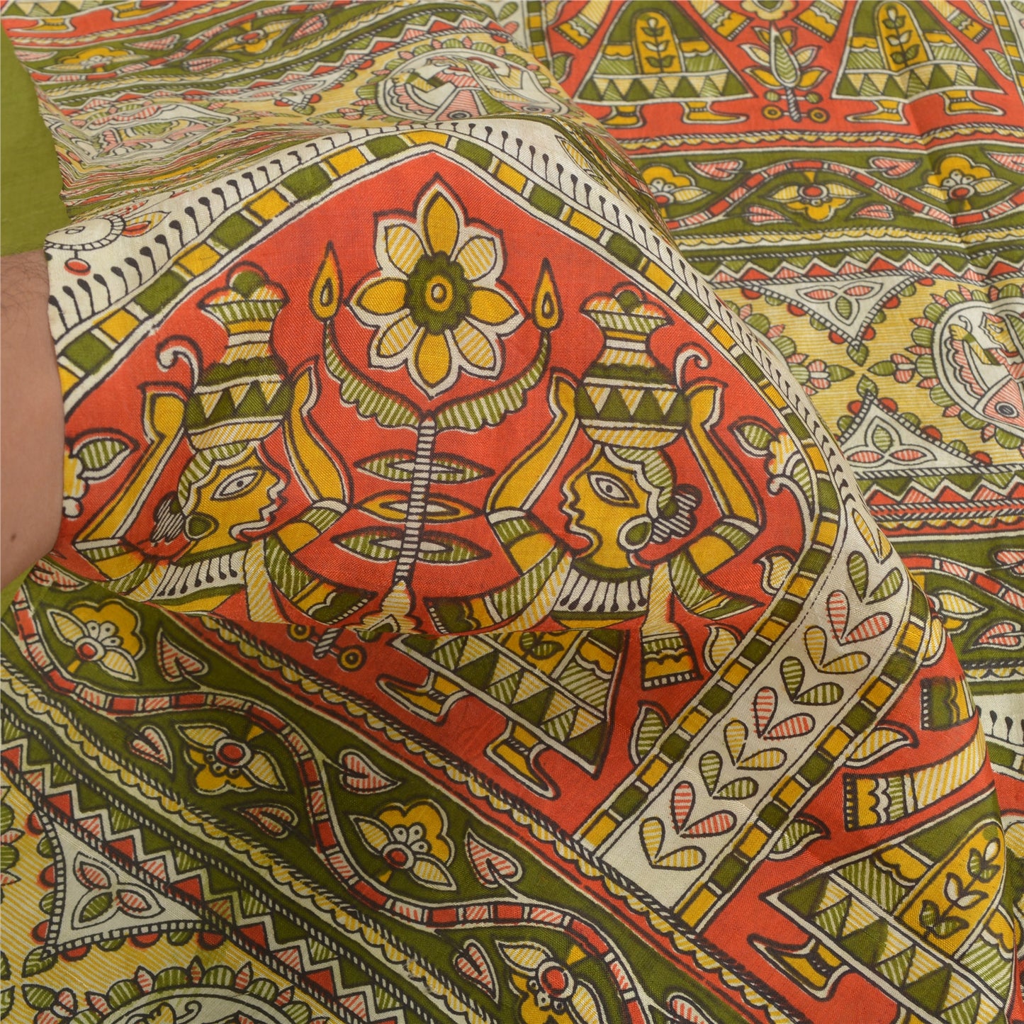 Sanskriti Vintage Sarees Women Printed Indian Green Pure Silk Sari Craft Sustainable Fabric