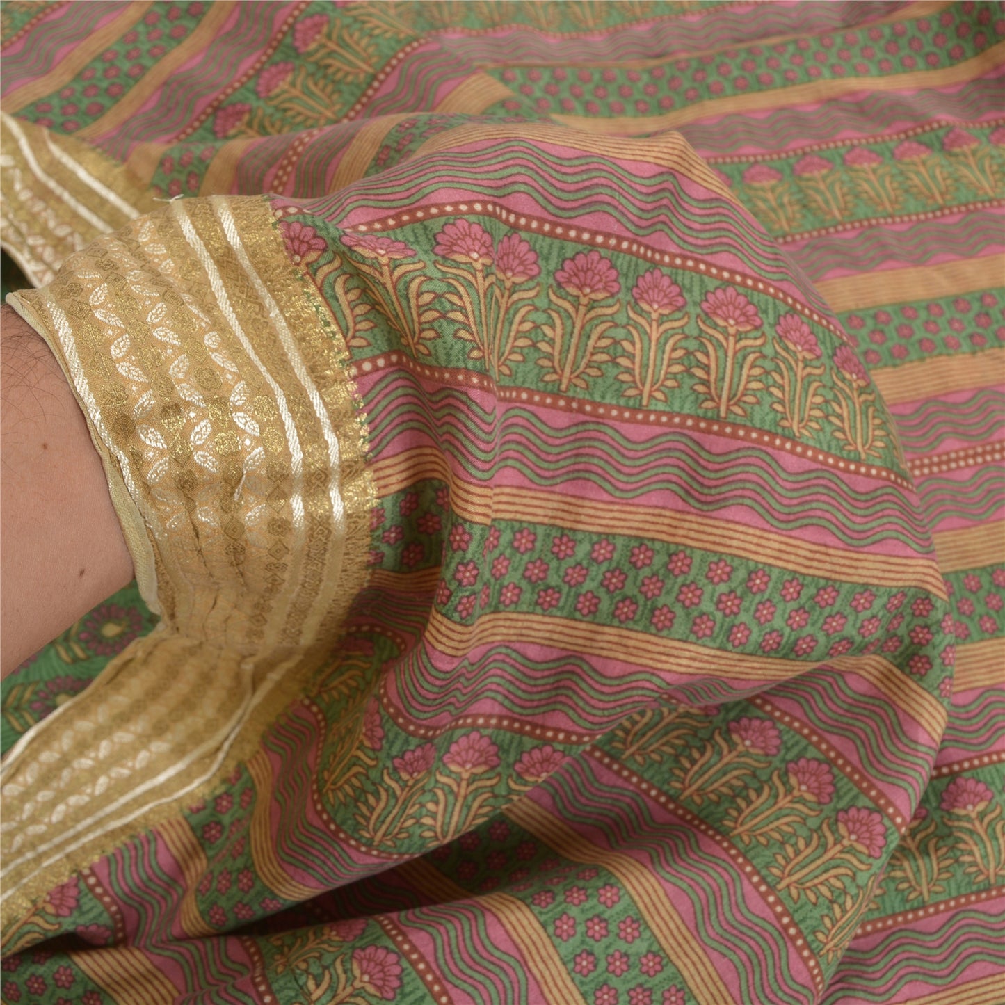 Sanskriti Vintage Sarees Green 100% Pure Silk Printed Woven Sari Craft Sustainable Fabric