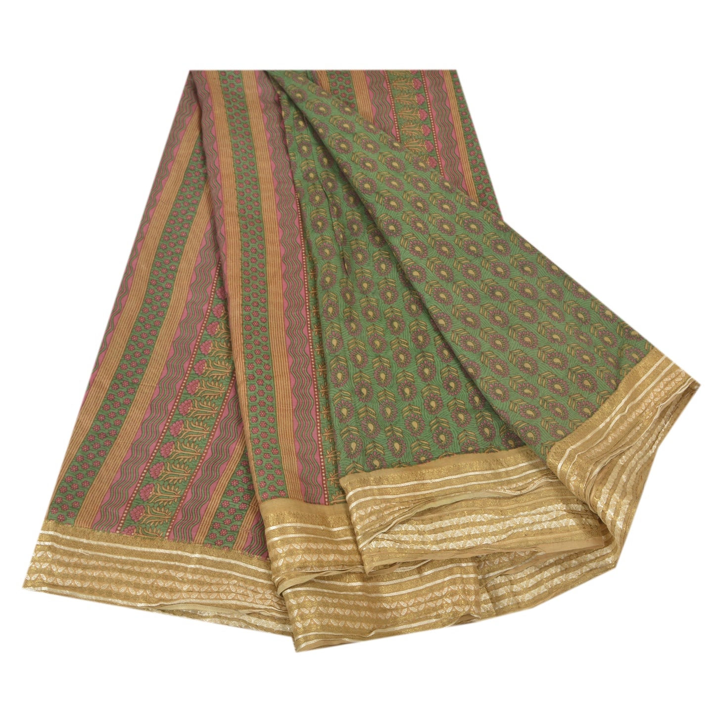 Sanskriti Vintage Sarees Green 100% Pure Silk Printed Woven Sari Craft Sustainable Fabric