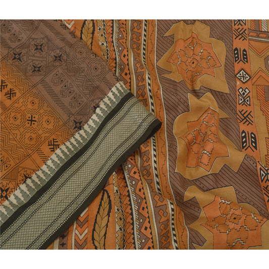 Sanskriti Vintage Sarees Orange Printed Pure Silk Sari Soft Floral Craft Sustainable Fabric