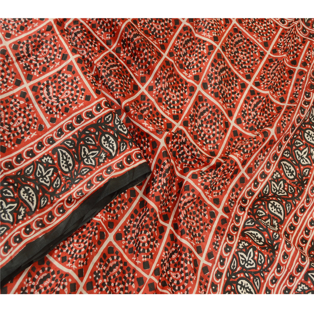 Sanskriti Vintage Sarees Red Bandhani Printed Pure Silk Sari 5yd Craft Fabric