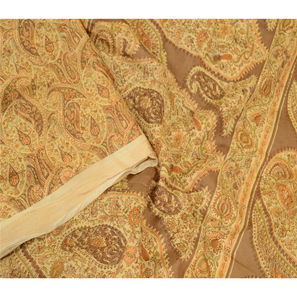 Sanskriti Vintage Sarees Beige Pure Silk Printed Sari Floral 5yd Craft Sustainable Fabric