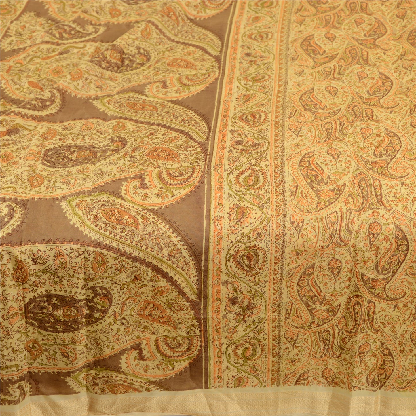 Sanskriti Vintage Sarees Beige Pure Silk Printed Sari Floral 5yd Craft Sustainable Fabric