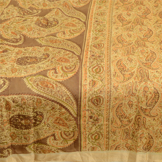 Sanskriti Vintage Sarees Beige Pure Silk Printed Sari Floral 5yd Craft Sustainable Fabric