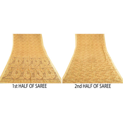 Sanskriti Vintage Sarees Beige Pure Silk Printed Sari Floral 5yd Craft Sustainable Fabric