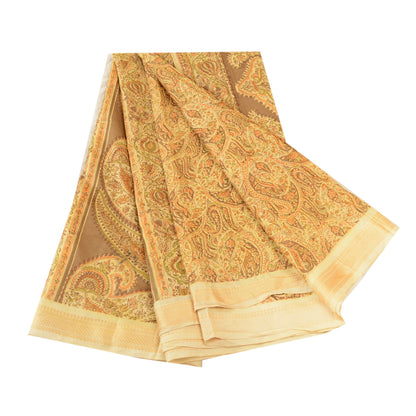 Sanskriti Vintage Sarees Beige Pure Silk Printed Sari Floral 5yd Craft Sustainable Fabric