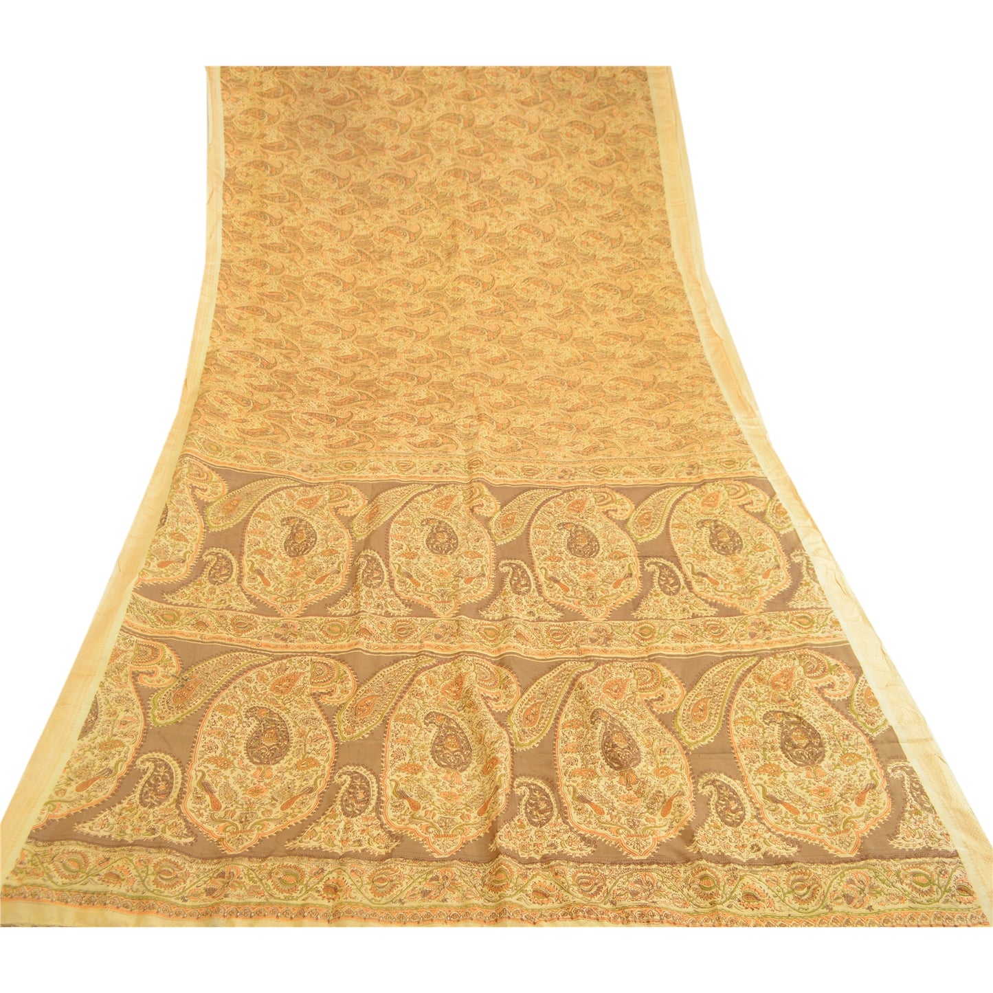 Sanskriti Vintage Sarees Beige Pure Silk Printed Sari Floral 5yd Craft Sustainable Fabric