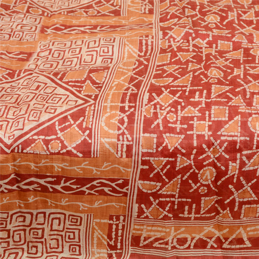 Sanskriti Vintage Sarees Red 100% Pure Silk Printed Sari Geometric Craft Sustainable Fabric