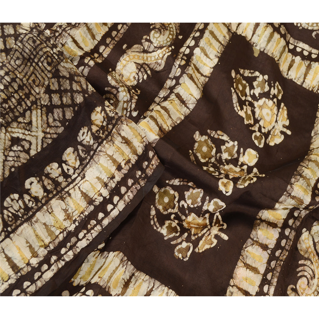 Sanskriti Vintage Sarees Brown Batik Printed Pure Silk Sari Decor Craft Fabric