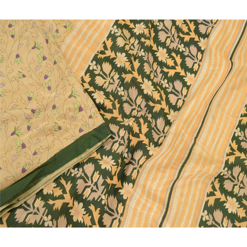 Sanskriti Vintage Sarees Cream Indian Blend Silk Printed Sari Soft Craft Sustainable Fabric