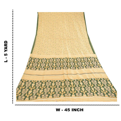 Sanskriti Vintage Sarees Cream Indian Blend Silk Printed Sari Soft Craft Sustainable Fabric