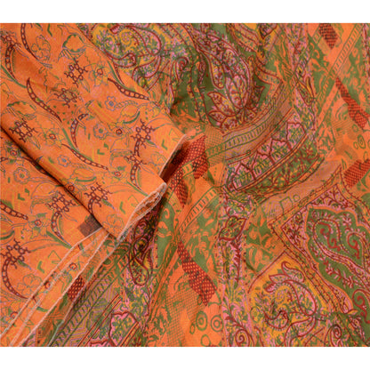 Sanskriti Vintage Sarees Saffron 100% Pure Silk Printed Sari Soft Craft Sustainable Fabric