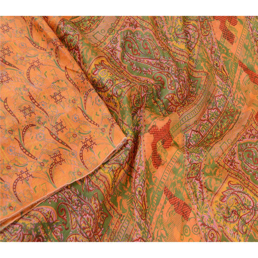 Sanskriti Vintage Sarees Saffron 100% Pure Silk Printed Sari Soft Craft Sustainable Fabric