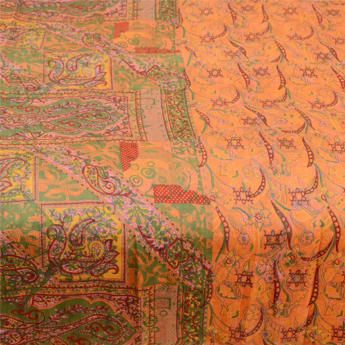 Sanskriti Vintage Sarees Saffron 100% Pure Silk Printed Sari Soft Craft Sustainable Fabric