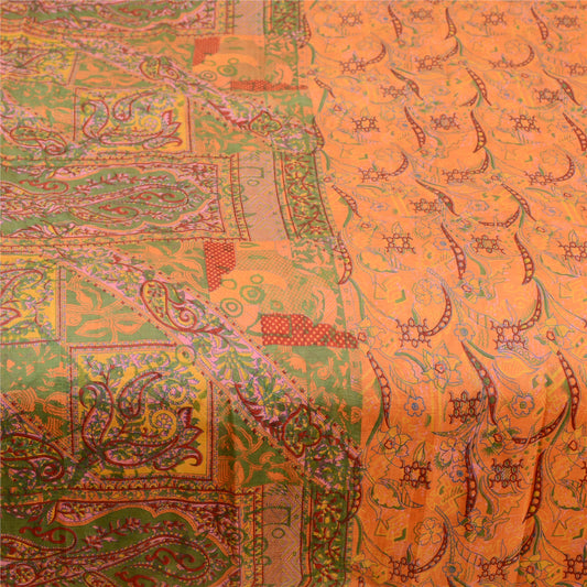 Sanskriti Vintage Sarees Saffron 100% Pure Silk Printed Sari Soft Craft Sustainable Fabric