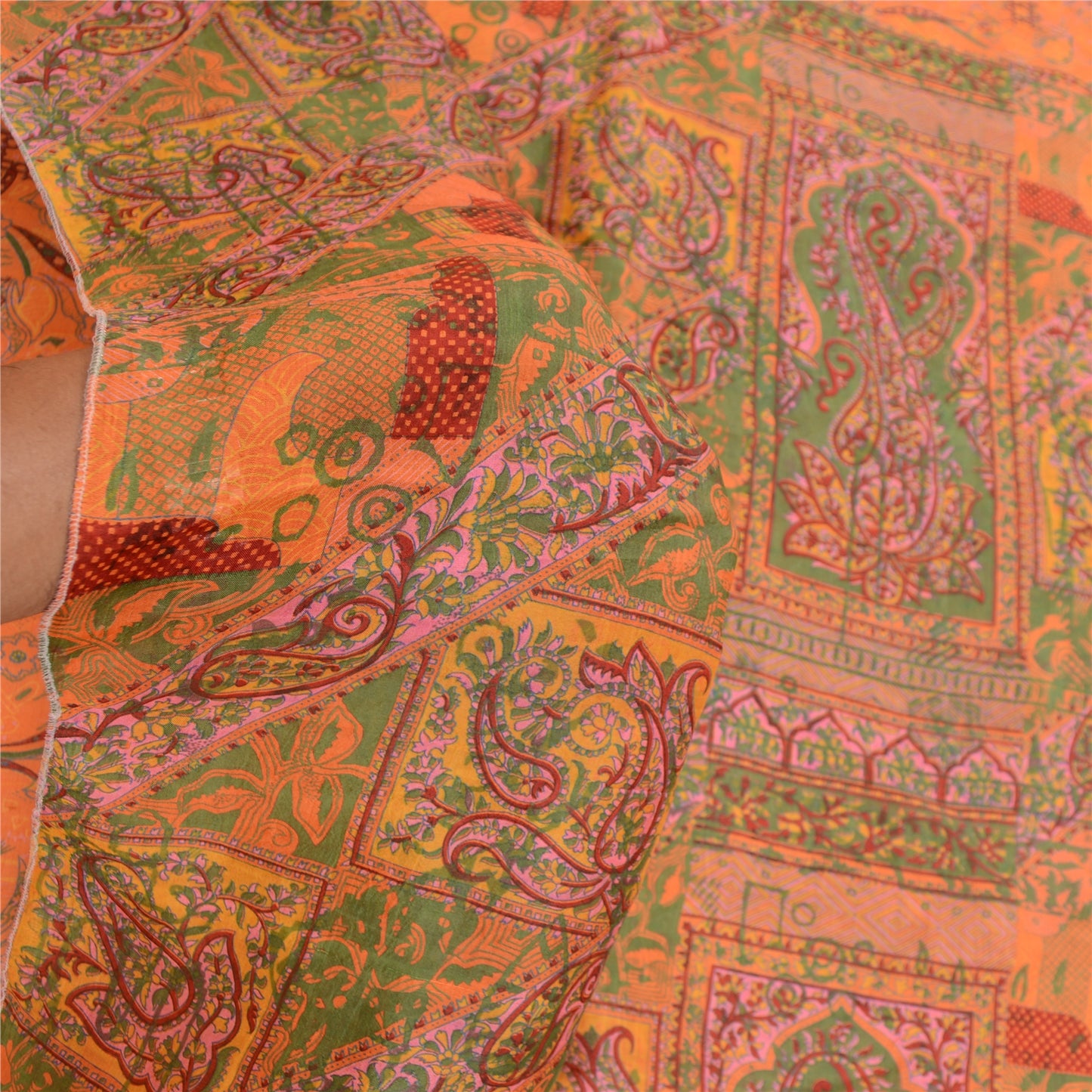 Sanskriti Vintage Sarees Saffron 100% Pure Silk Printed Sari Soft Craft Sustainable Fabric