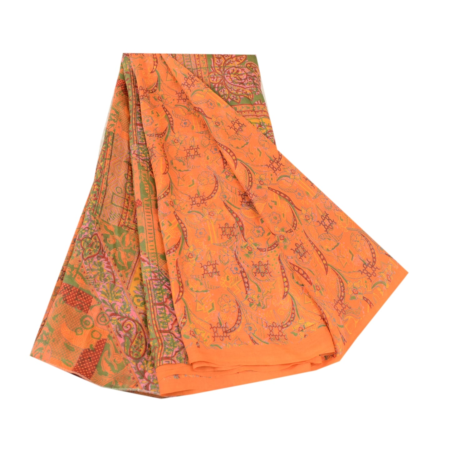 Sanskriti Vintage Sarees Saffron 100% Pure Silk Printed Sari Soft Craft Sustainable Fabric
