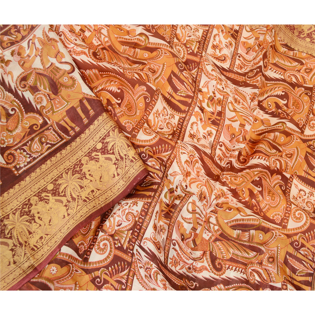 Sanskriti Vintage Sarees Yellow Human Animal Printed Pure Silk Sari Craft Sustainable Fabric