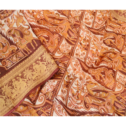 Sanskriti Vintage Sarees Yellow Human Animal Printed Pure Silk Sari Craft Sustainable Fabric