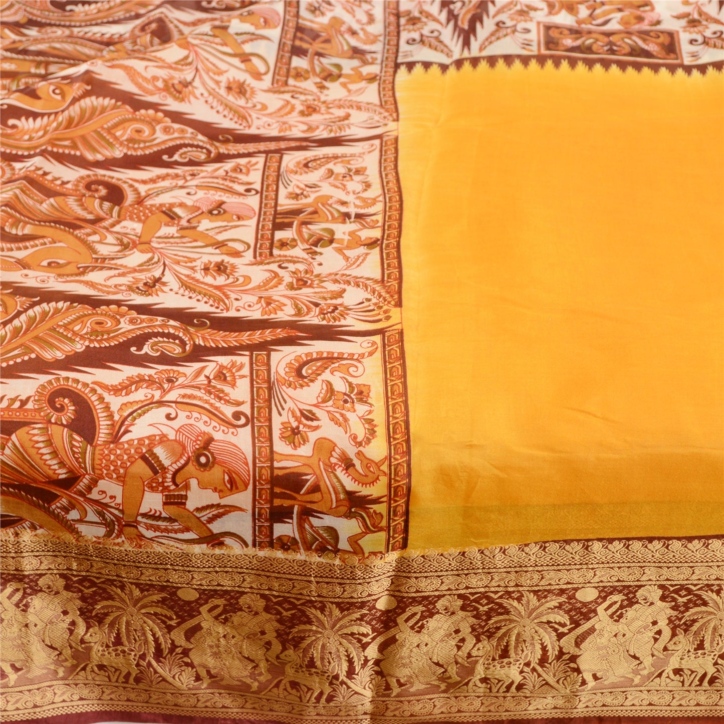 Sanskriti Vintage Sarees Yellow Human Animal Printed Pure Silk Sari Craft Sustainable Fabric