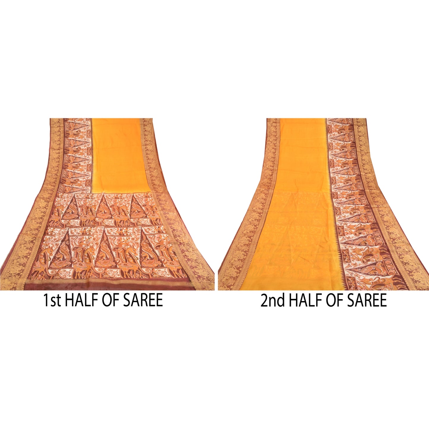 Sanskriti Vintage Sarees Yellow Human Animal Printed Pure Silk Sari Craft Sustainable Fabric