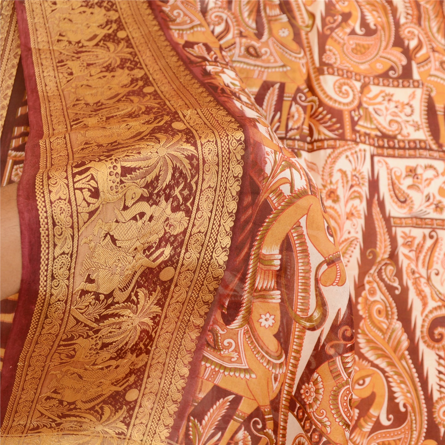 Sanskriti Vintage Sarees Yellow Human Animal Printed Pure Silk Sari Craft Sustainable Fabric