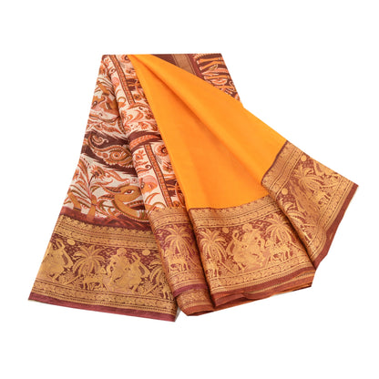 Sanskriti Vintage Sarees Yellow Human Animal Printed Pure Silk Sari Craft Sustainable Fabric