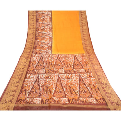 Sanskriti Vintage Sarees Yellow Human Animal Printed Pure Silk Sari Craft Sustainable Fabric