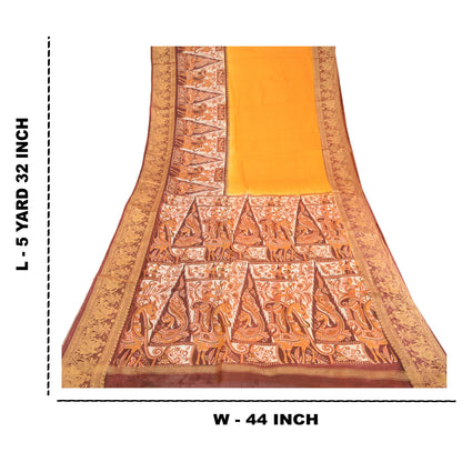 Sanskriti Vintage Sarees Yellow Human Animal Printed Pure Silk Sari Craft Sustainable Fabric