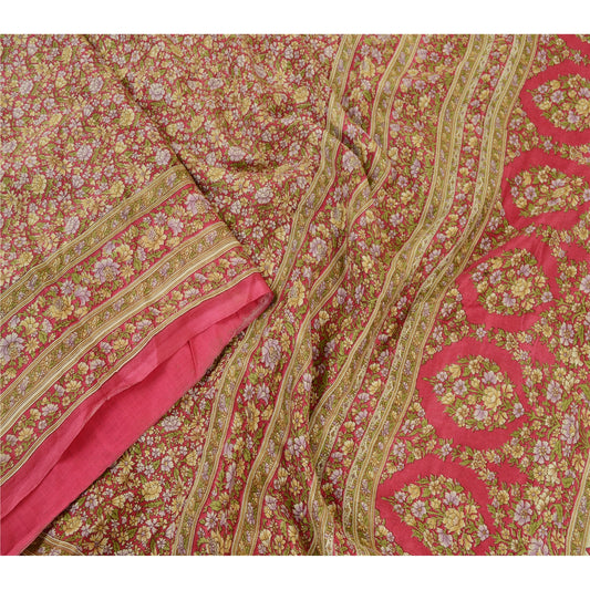 Sanskriti Vintage Sarees Red 100% Pure Silk Printed Sari Floral 5yd Craft Sustainable Fabric