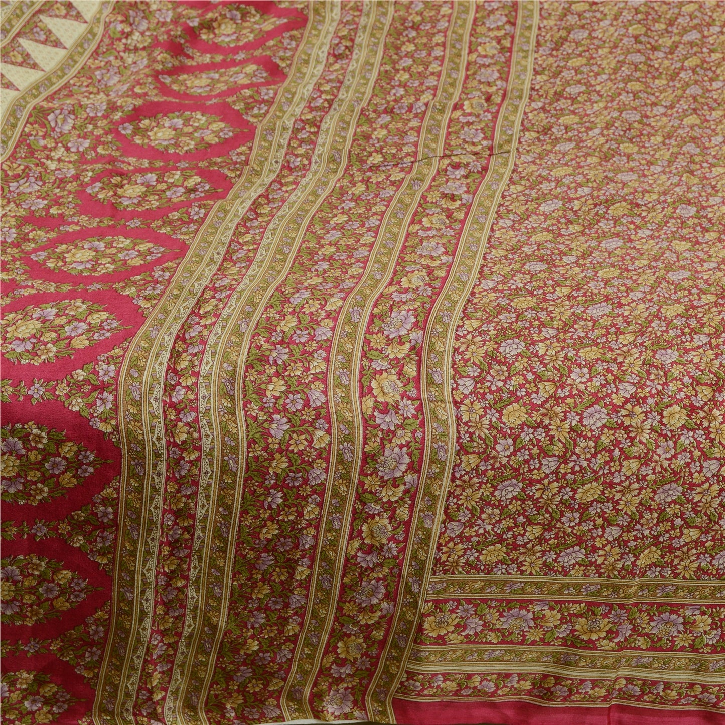 Sanskriti Vintage Sarees Red 100% Pure Silk Printed Sari Floral 5yd Craft Sustainable Fabric