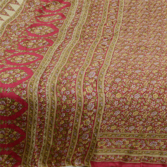 Sanskriti Vintage Sarees Red 100% Pure Silk Printed Sari Floral 5yd Craft Sustainable Fabric