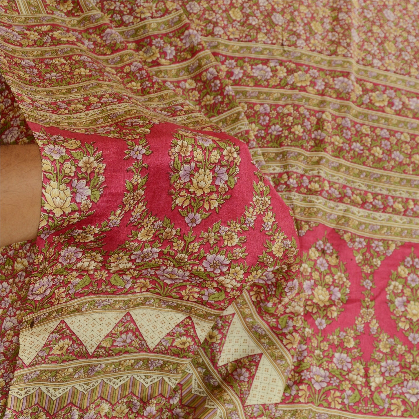 Sanskriti Vintage Sarees Red 100% Pure Silk Printed Sari Floral 5yd Craft Sustainable Fabric