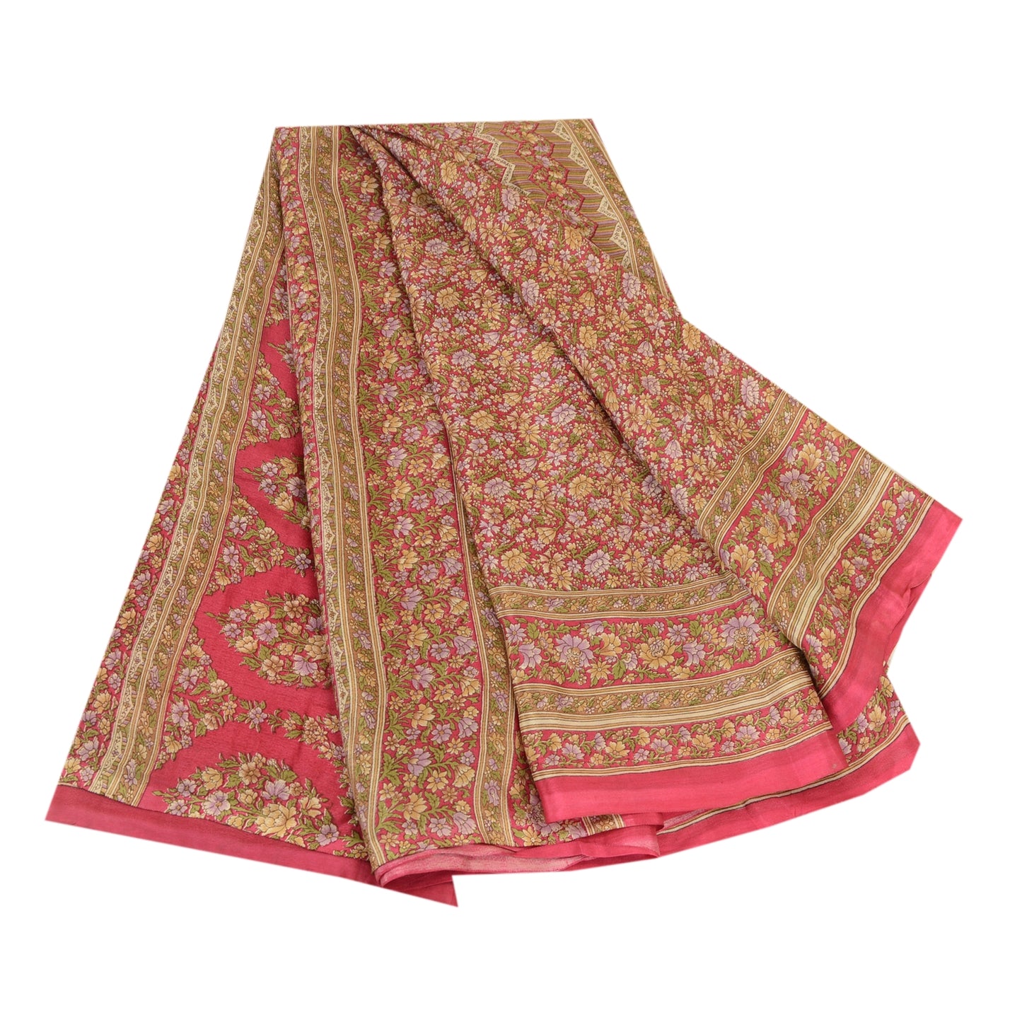 Sanskriti Vintage Sarees Red 100% Pure Silk Printed Sari Floral 5yd Craft Sustainable Fabric