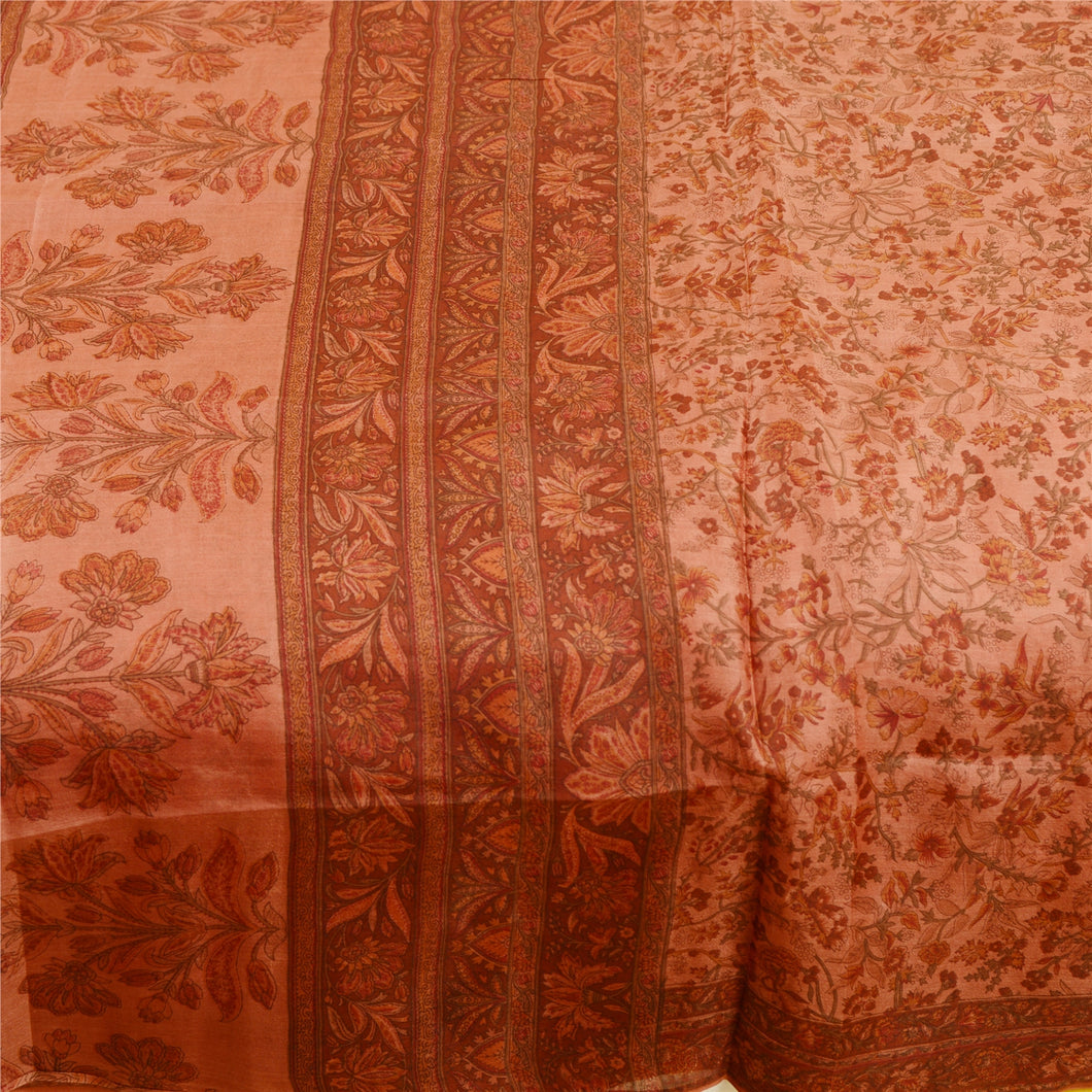 Sanskriti Vintage Sarees Coffee-Brown Pure Silk Printed Sari Floral Craft Fabric