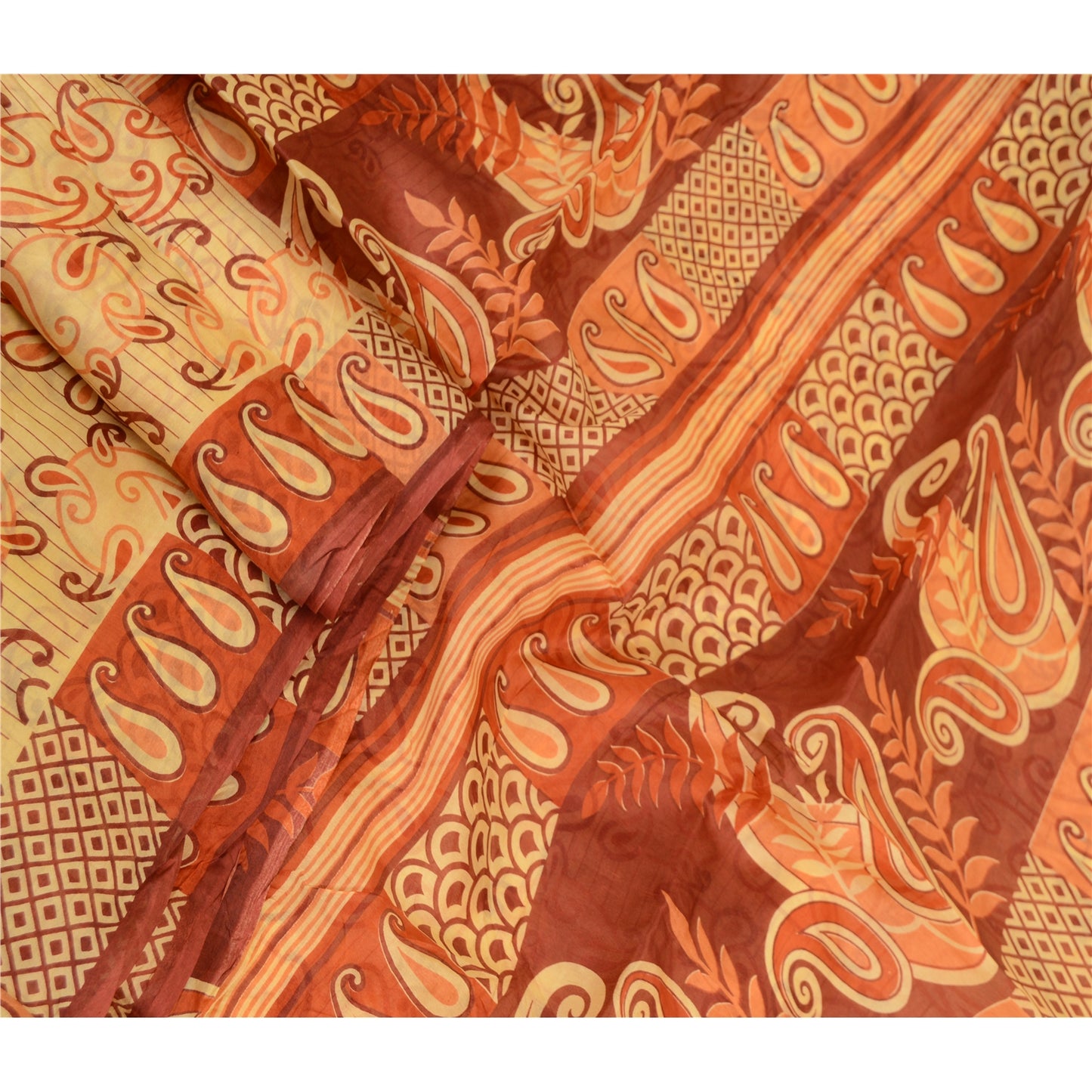 Sanskriti Vintage Sarees Beige 100% Pure Silk Printed Sari Floral Craft Sustainable Fabric