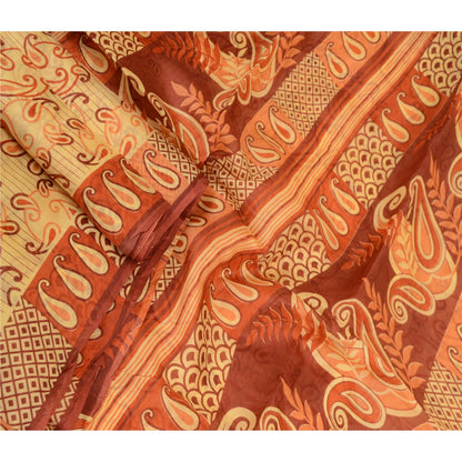 Sanskriti Vintage Sarees Beige 100% Pure Silk Printed Sari Floral Craft Sustainable Fabric