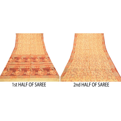 Sanskriti Vintage Sarees Beige 100% Pure Silk Printed Sari Floral Craft Sustainable Fabric